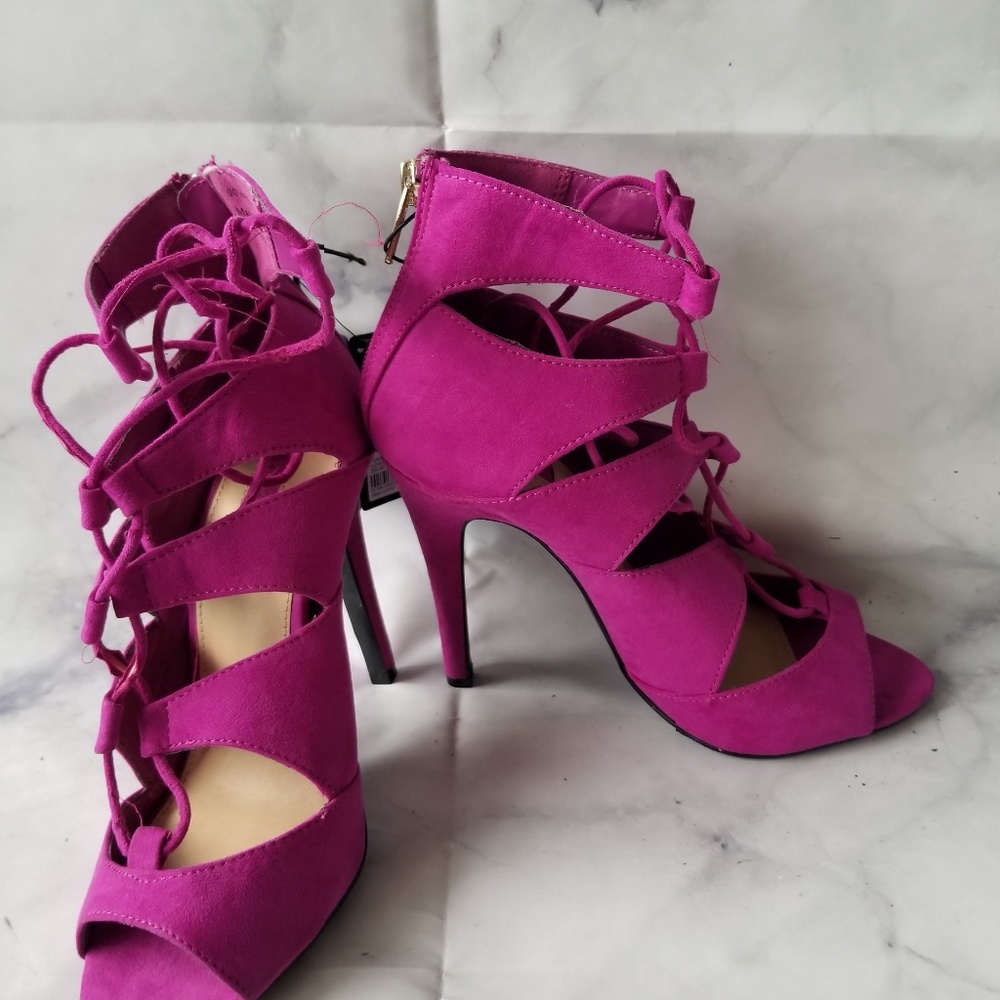 Forever 21 Strappy Fuchsia Lace-Up Heels Sz 7 - Picture 3 of 6